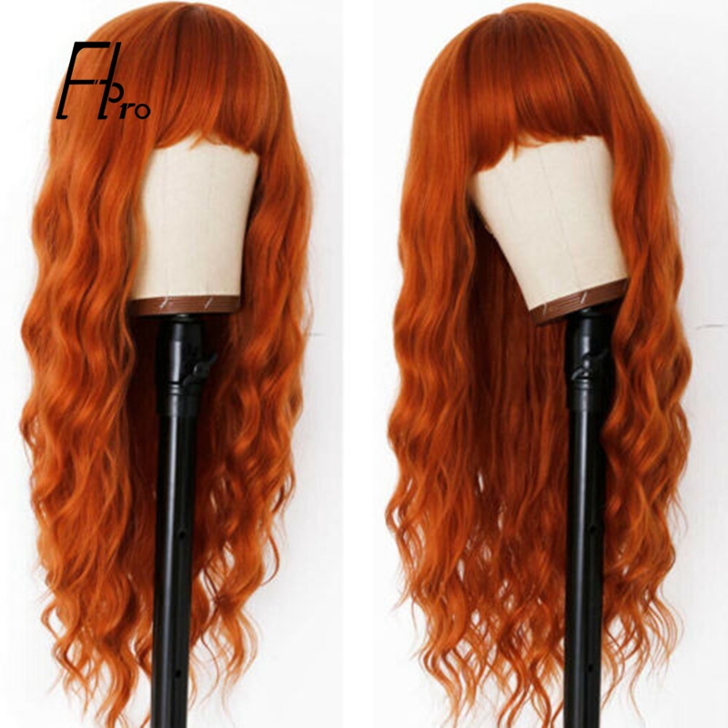 Long Loose Wave Wig Ginger Orange Color Lace Closure Wig With Bangs